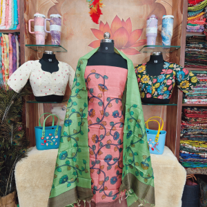 Pure Tussar Silk Salwar Material with Pen Kalamkari Pink