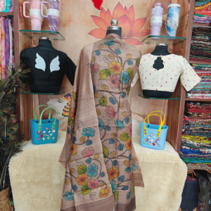Pure tussar silk salwar material with hand drawn kalamkari Brown