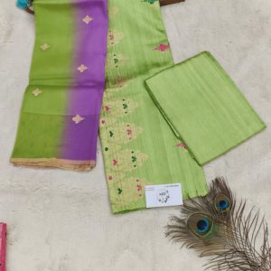 Pure rawsilk salwar materials banarasi weaving and kora silk dupattta(Pista Green and Lavender Purple)