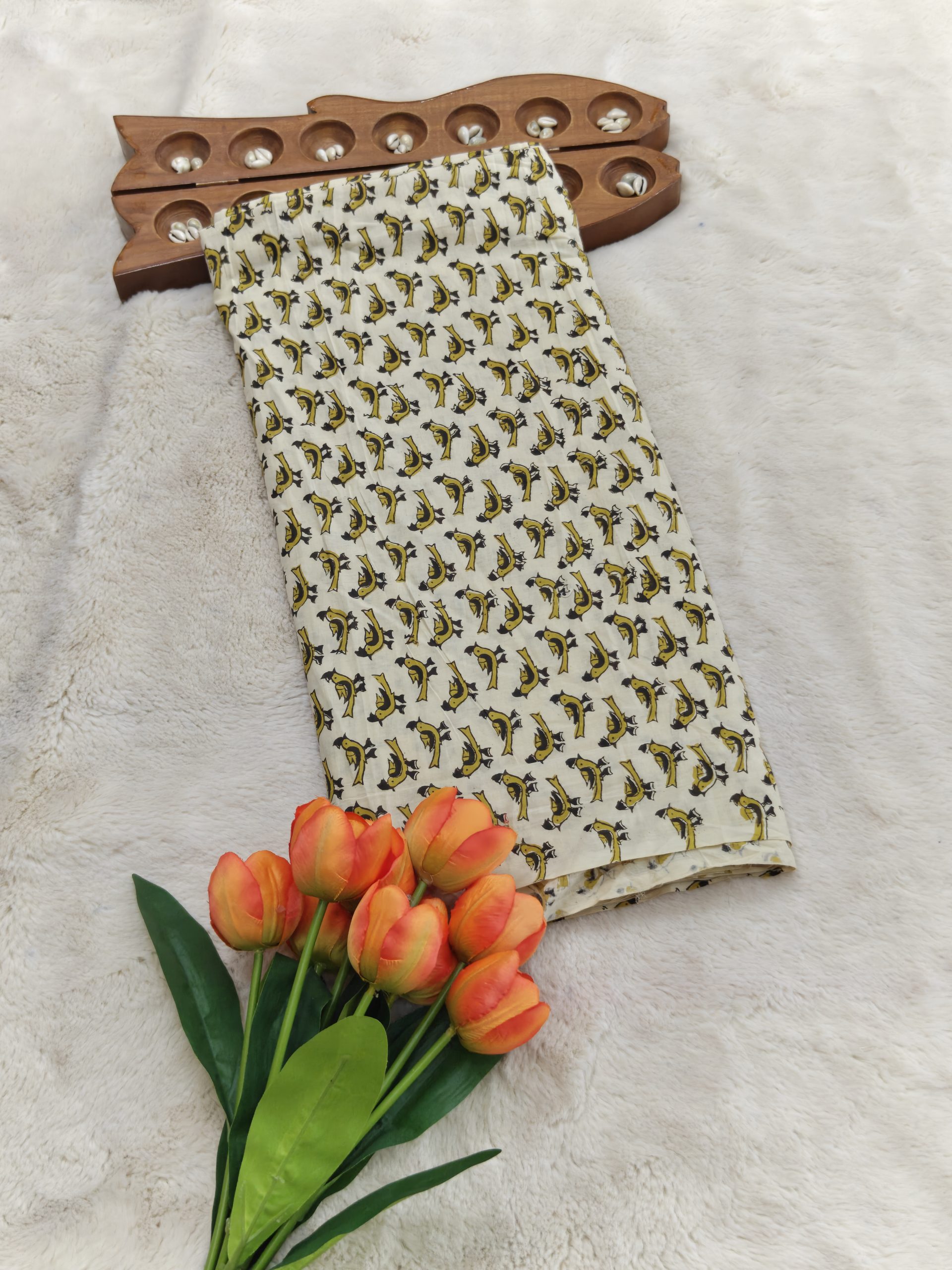 Premium Natural Dyeing Cotton Fabric(Cream White with mustard yellow and black print)