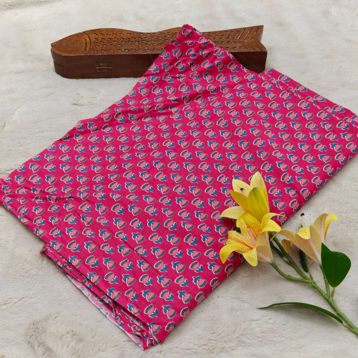 Premium Natural Dyeing Cotton Fabric(Bright pink base with blue and peach printed motifs)