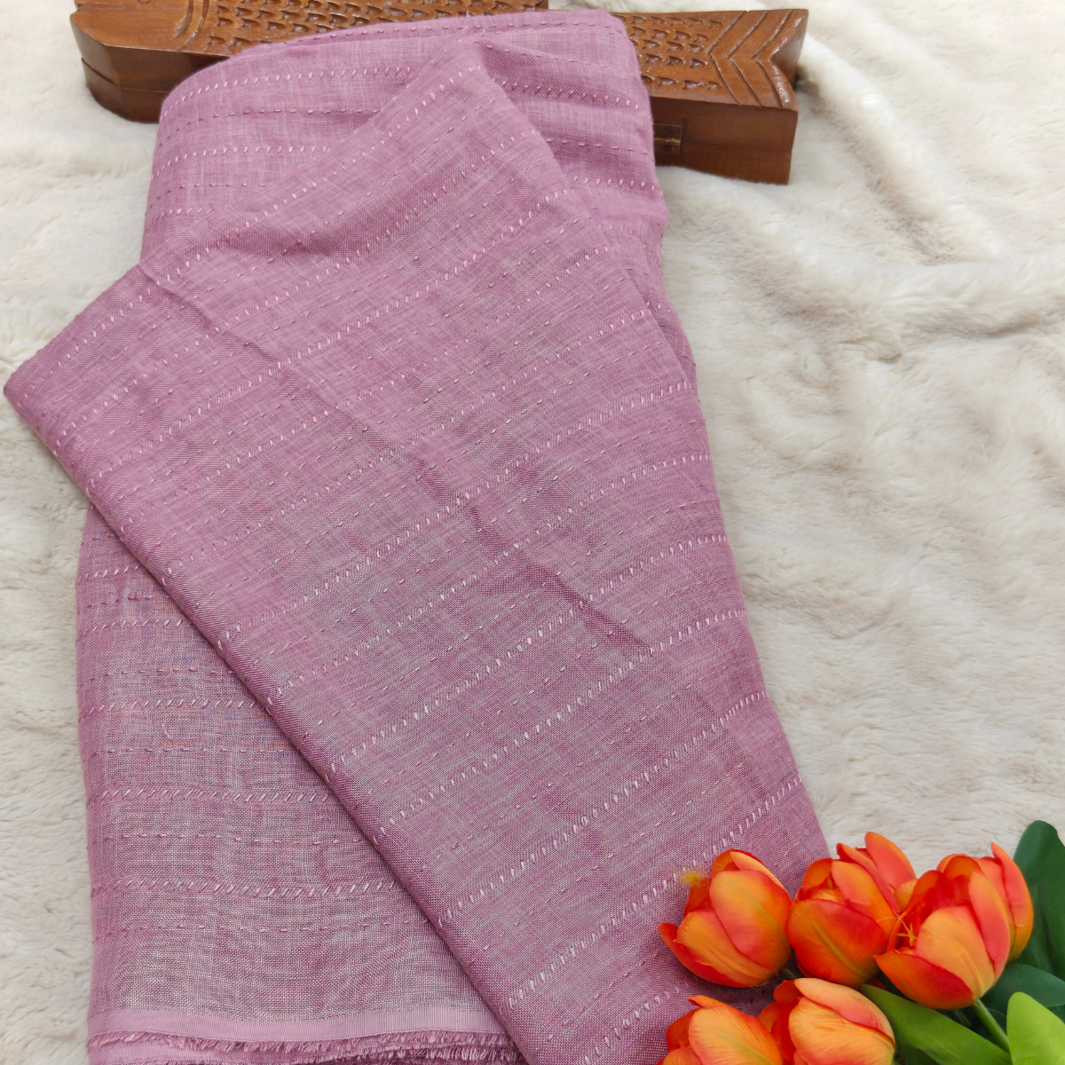 Linen Kantha Stitch Fabric (Off-white base with pink, orange, turquoise, purple, and grey floral vine patterns)