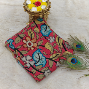 Pure Pen Kalamkari Silk Hand Drawn (Bright Pink with Multicolor Floral Design and Peacock Feather Accents)