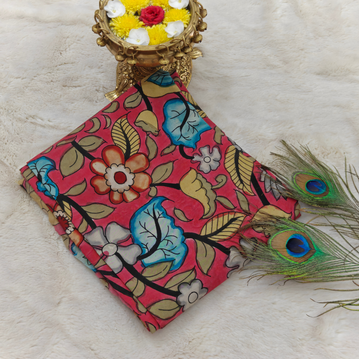 Pure Pen Kalamkari Silk Hand Drawn (Bright Pink with Multicolor Floral Design and Peacock Feather Accents)
