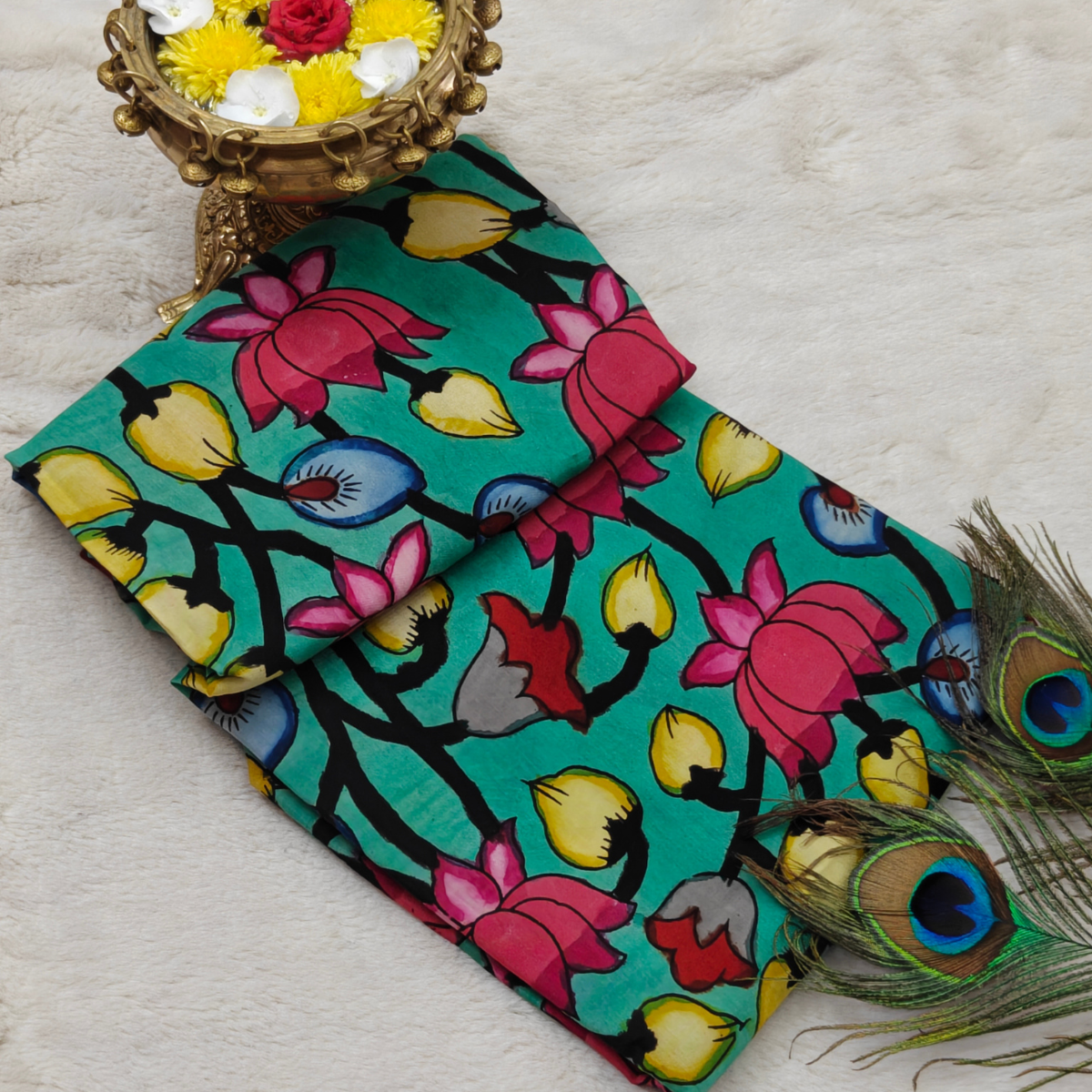 Pure Pen Kalamkari Silk Hand Drawn (Cream with Orange, Yellow, Blue, and Green Floral Design)