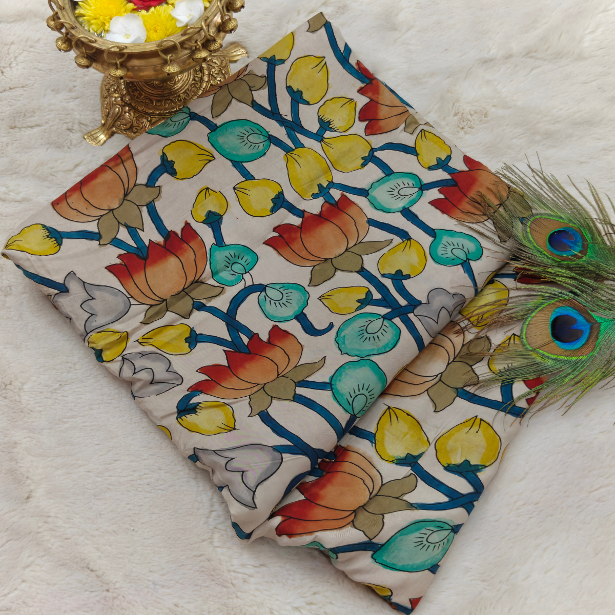 Pure Pen Kalamkari Silk Hand Drawn (Olive Green with Pink, Blue, Yellow, Purple, and Multicolor Floral Design)