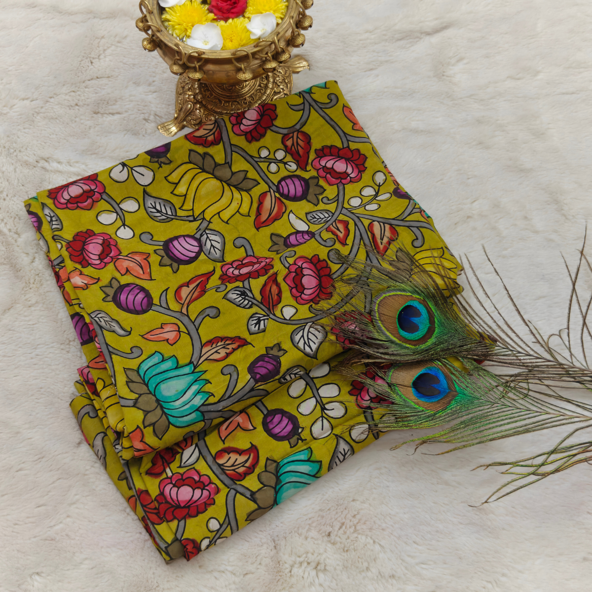 Pure Pen Kalamkari Silk Hand Drawn (Cream with Multicolor Cow Print Design)
