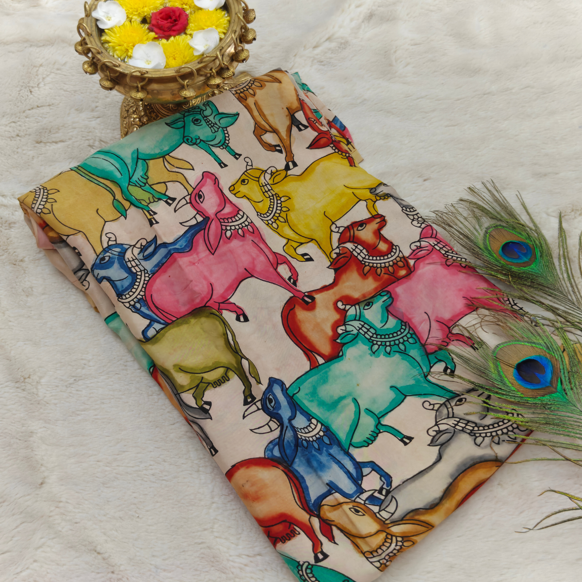Pure Pen Kalamkari Silk Hand Drawn (Yellow base with multicolor floral print)