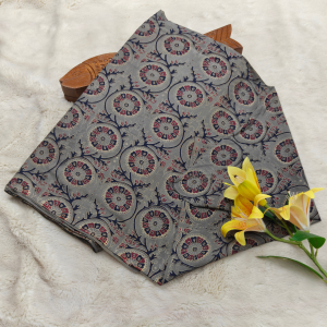 Premium Natural Dyeing Cotton Fabric(Grey base with navy blue, maroon, and beige floral patterns)