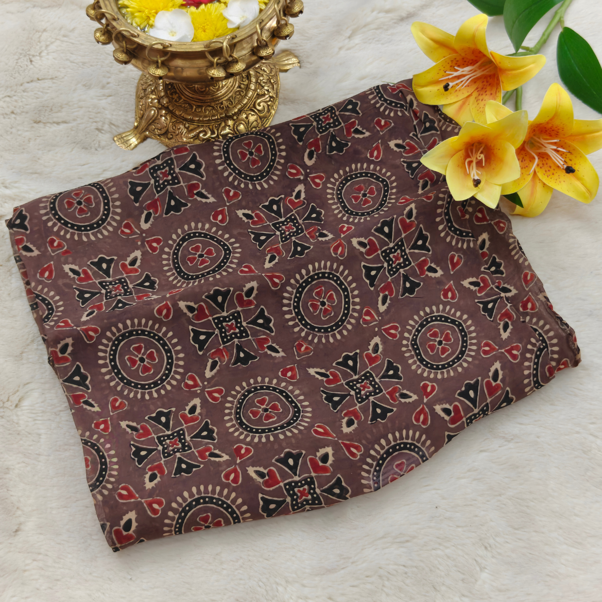Pure Organza Ajark Print (Brown with Black, Red & Beige Print)