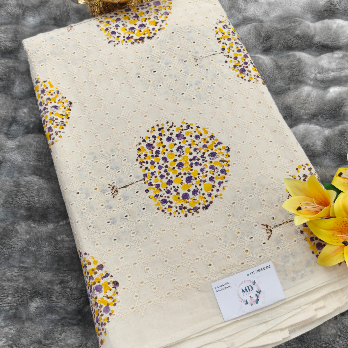 Hacoba Fabric (Cream White with Yellow & Purple Floral Print)