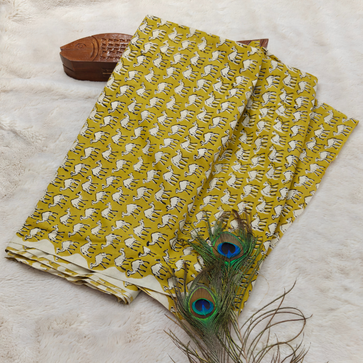 Premium Natural Dyeing Cotton Fabric(Mustard yellow base with white and black printed motifs)