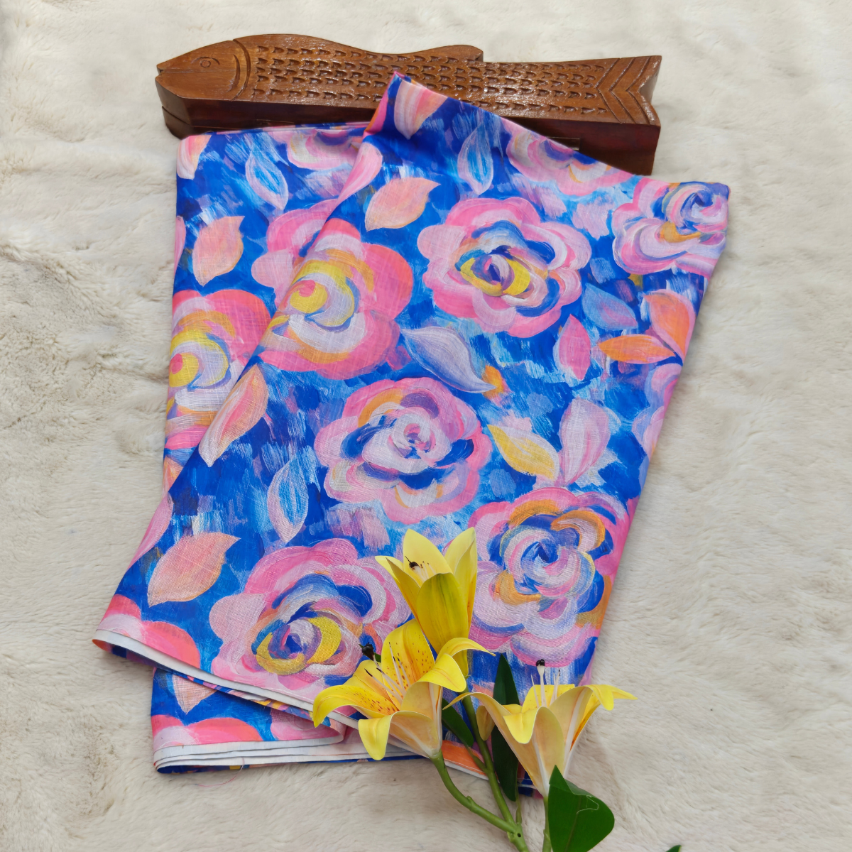 Linen Fabric (Bright blue base with pink, lavender, peach, yellow, and white floral patterns)
