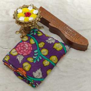 Pure Pen Kalamkari Silk Hand Drawn (Purple base with pink, green, yellow, white, and orange floral patterns)
