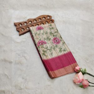 Kalamkari Tussar saree(Magenta Pink & Cream)
