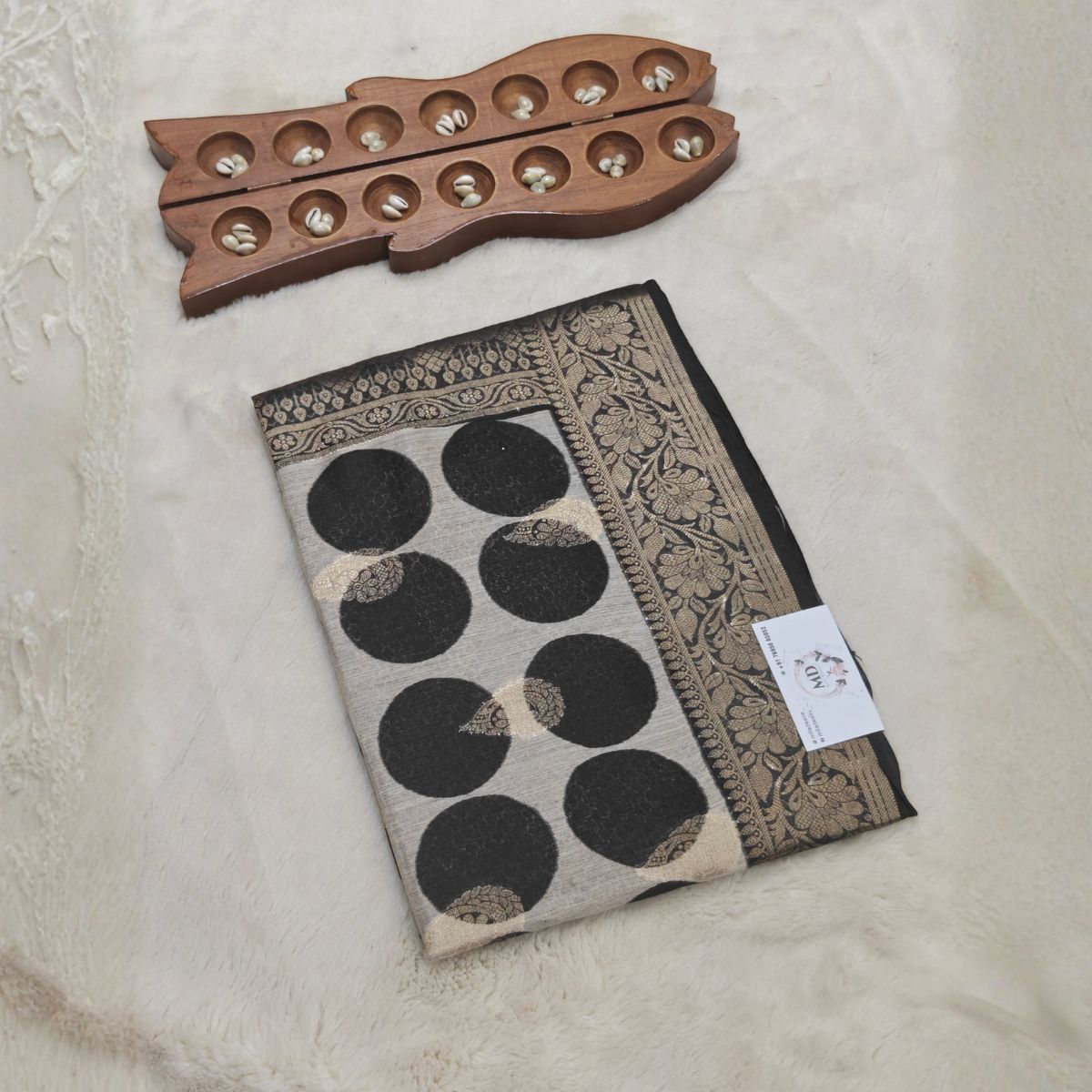 Tussar silk Banarasi weaving(Ivory Beige, Midnight Black & Antique Gold) - Image 2