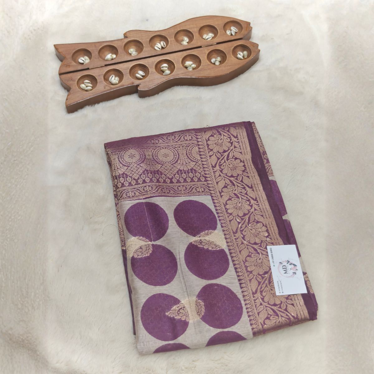 Tussar silk Banarasi weaving(Royal Plum & Antique Gold on Pearl Beige) - Image 2