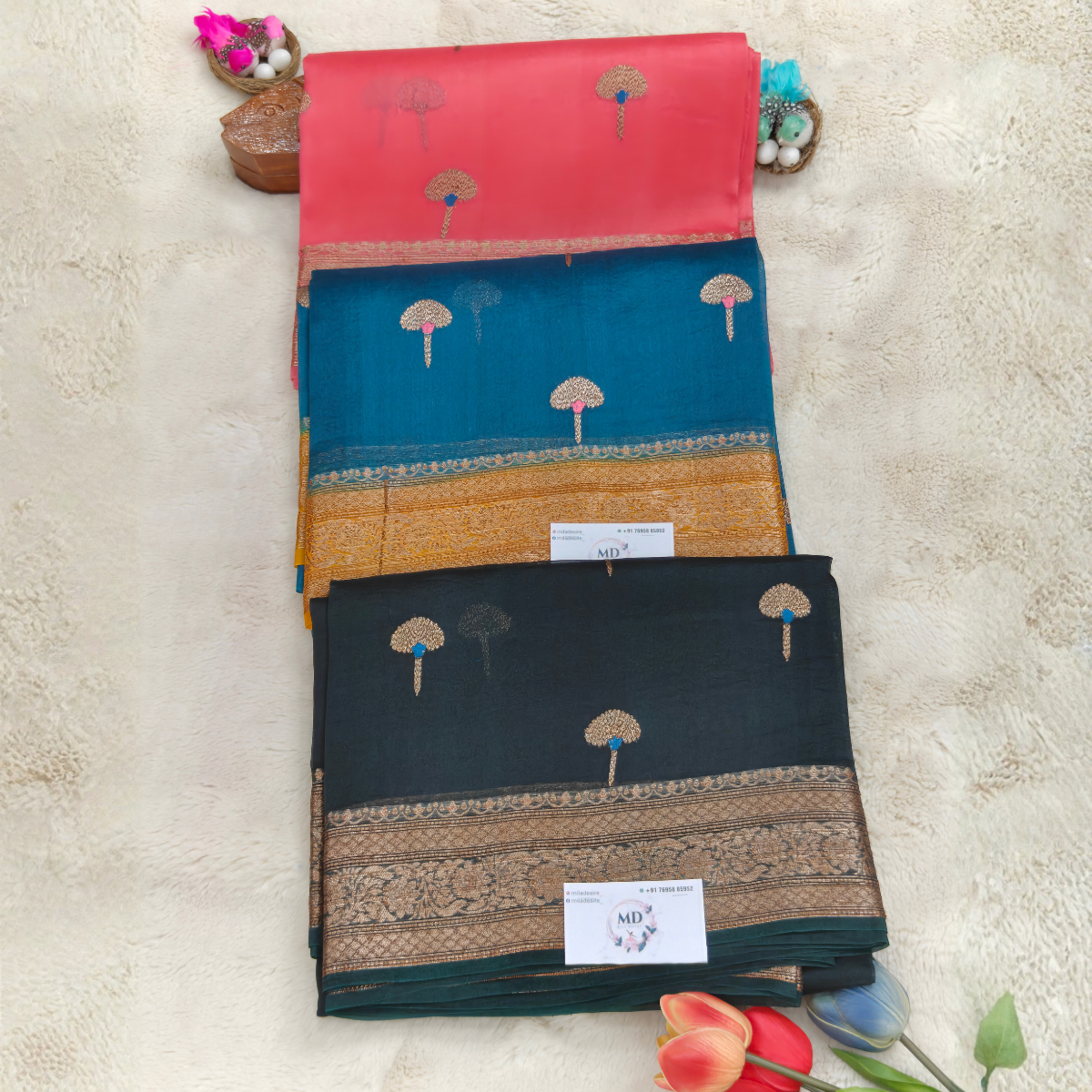Pure kora banarasi silk sarees(Peacock Teal Blue & Mustard Yellow) - Image 2