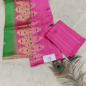 Pure Rawsilk Salwar Materials with banarasi weaving and kora silk dupattta(Rani Pink and Parrot Green)