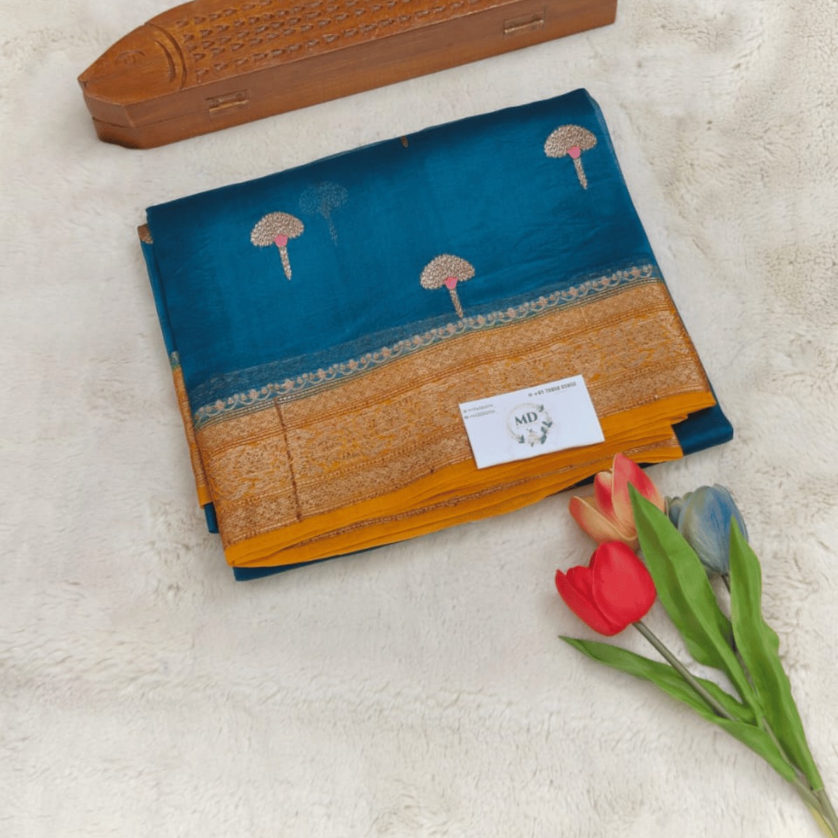 Pure kora banarasi silk sarees(Peacock Teal Blue & Mustard Yellow)