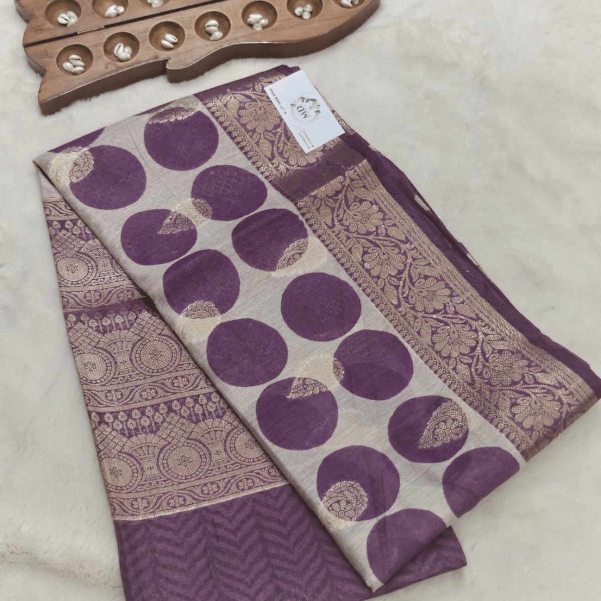 Tussar silk Banarasi weaving(Royal Plum & Antique Gold on Pearl Beige)