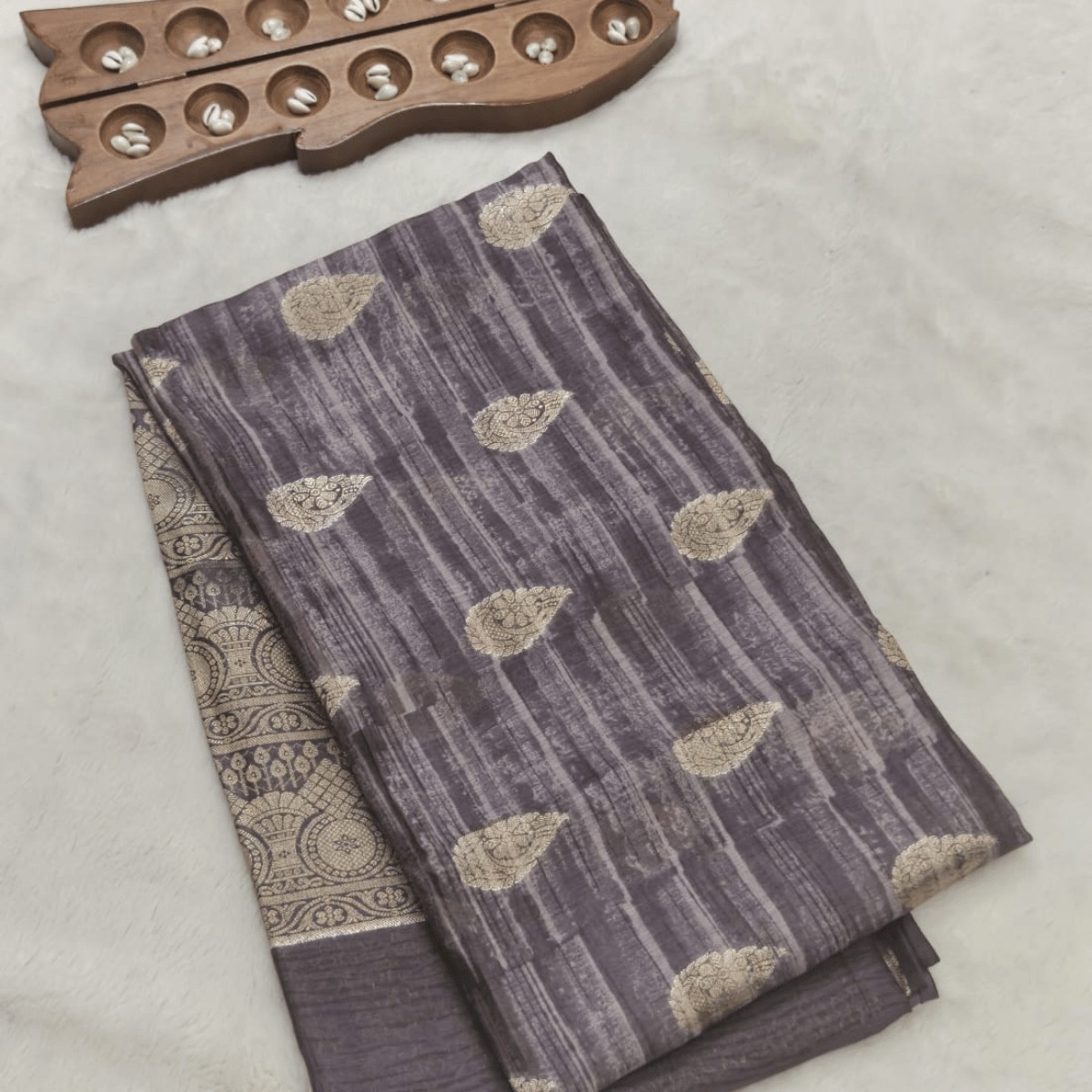 Tussar silk Banarasi weaving(Smoky Lavender, Ash Grey & Antique Gold)