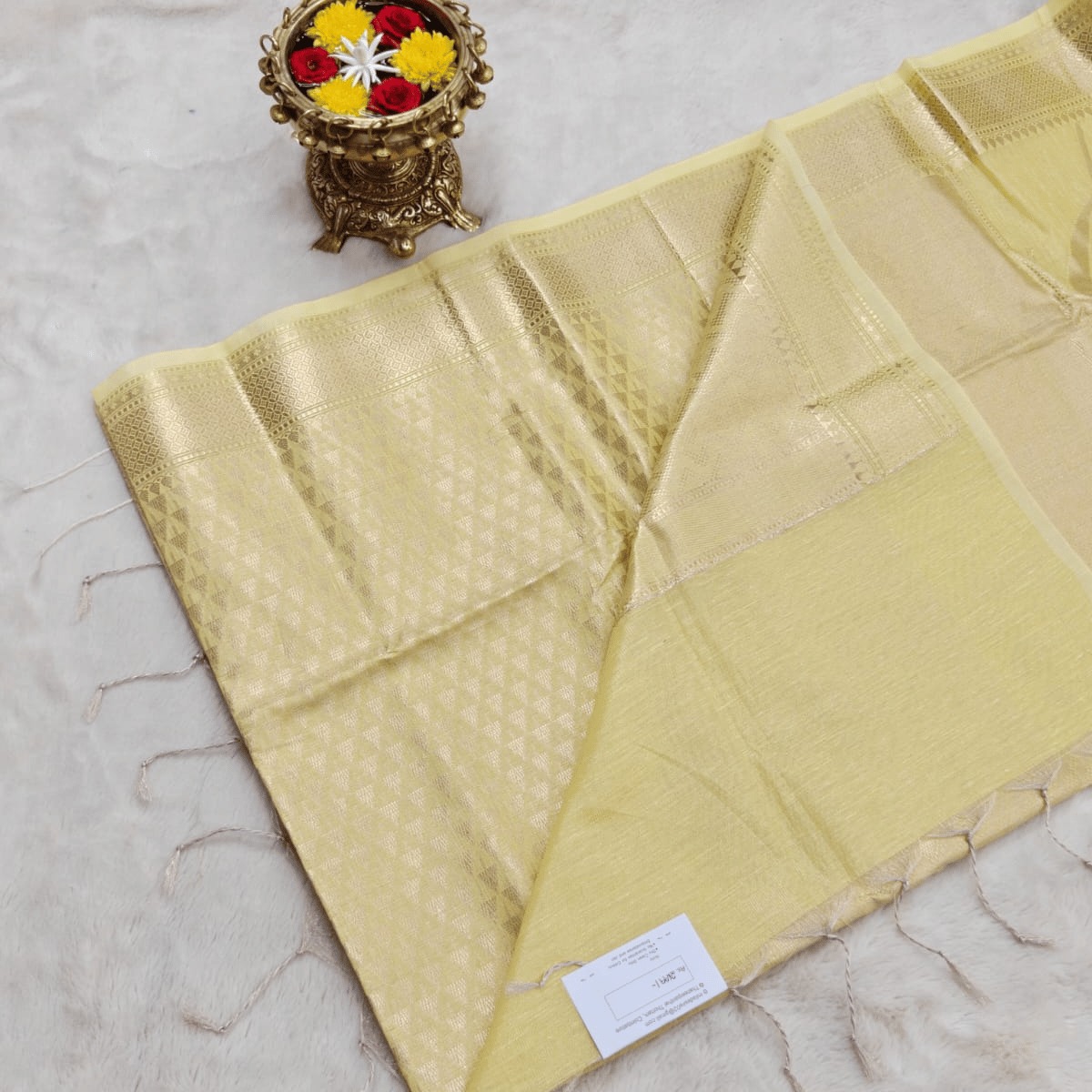 Tissue Linen Saree (Pastel Lemon Yellow) - Image 3