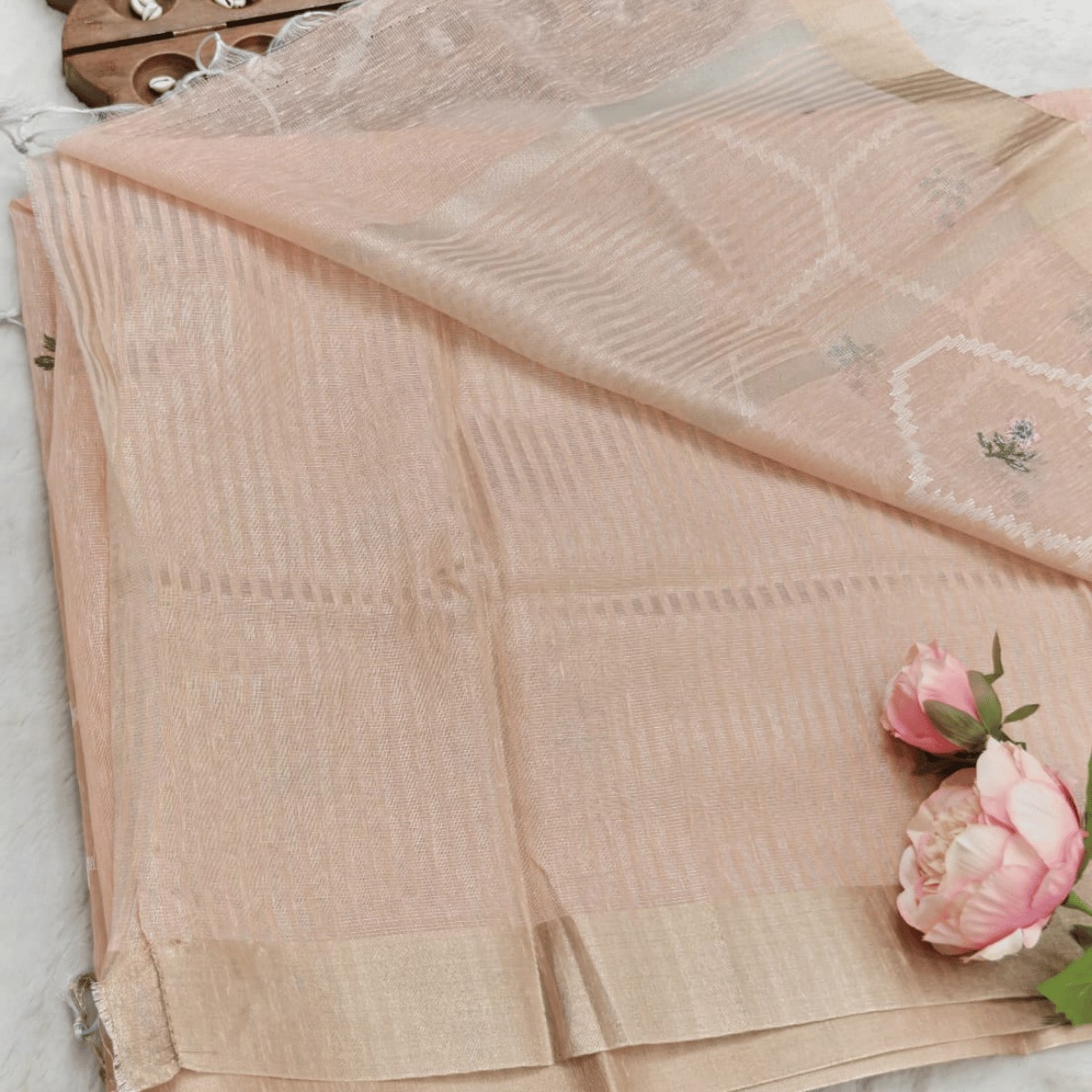 Jute linen with embroidery saree(peach salmon-pink) - Image 2