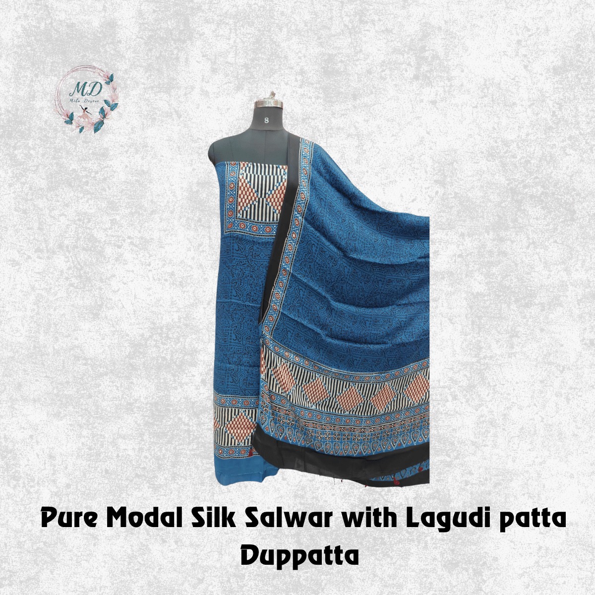 Pure Modal Silk Salwar(Steel Blue Indigo Script Block Print) - Image 2