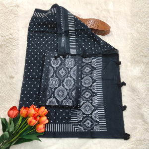 Pure Mulchenderi silk / Charcoal Black with Silver Grey Ethnic Prints