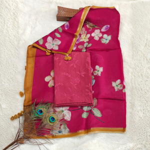 Mulchenderi silk / Rani Pink with Floral Prints and Gold Border