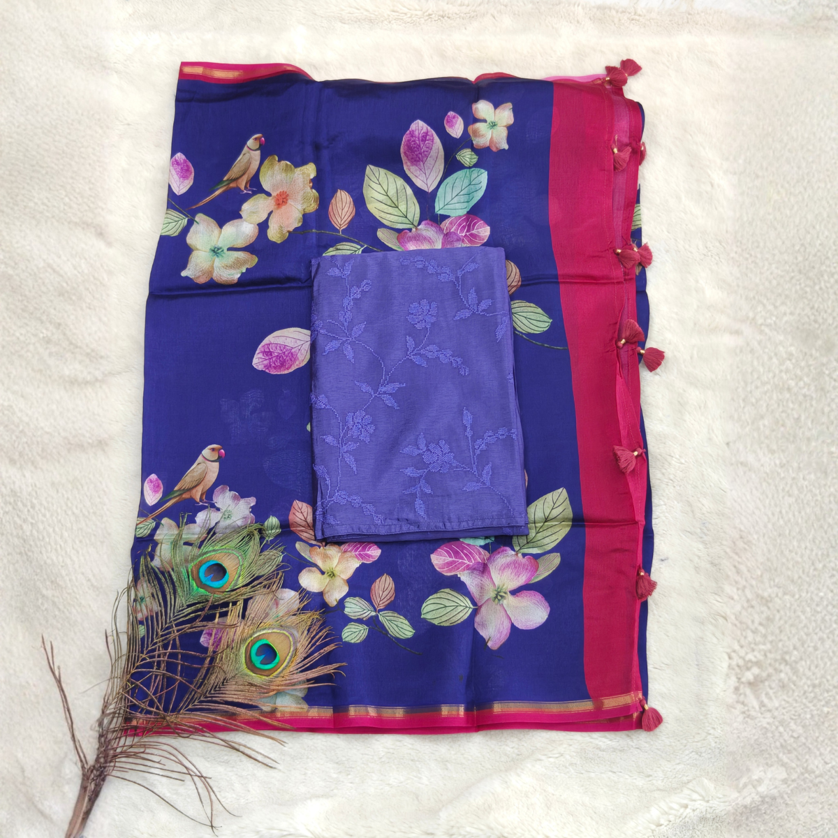 Mulchenderi silk / Royal Blue with Rani Pink Border and Floral Prints