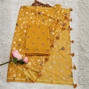 Pure kota with embroidery work / Mustard Yellow