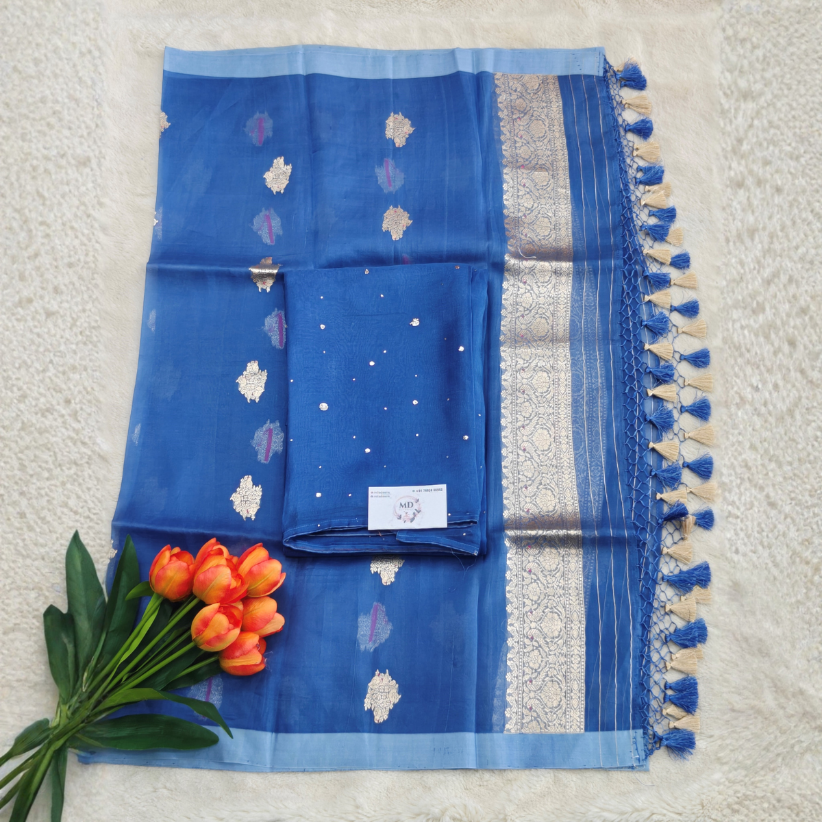 Pure organza silk with banarasi dupatta / Royal Blue with Silver Zari