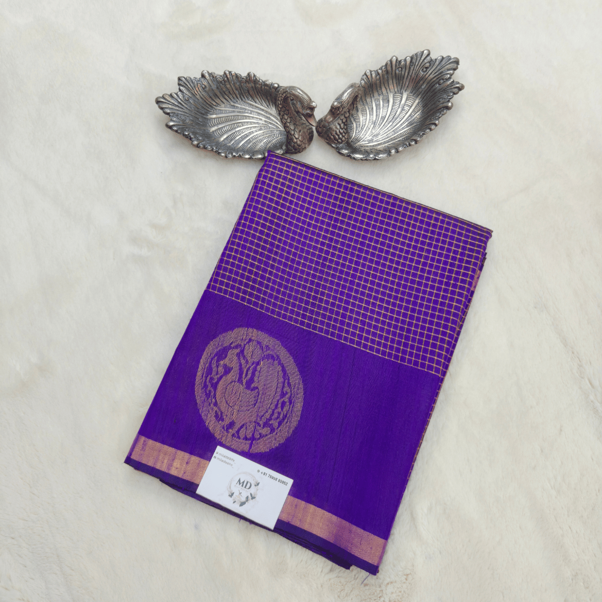 Pure dupion silk sarees with all-over treditional checks and motifs - Image 2