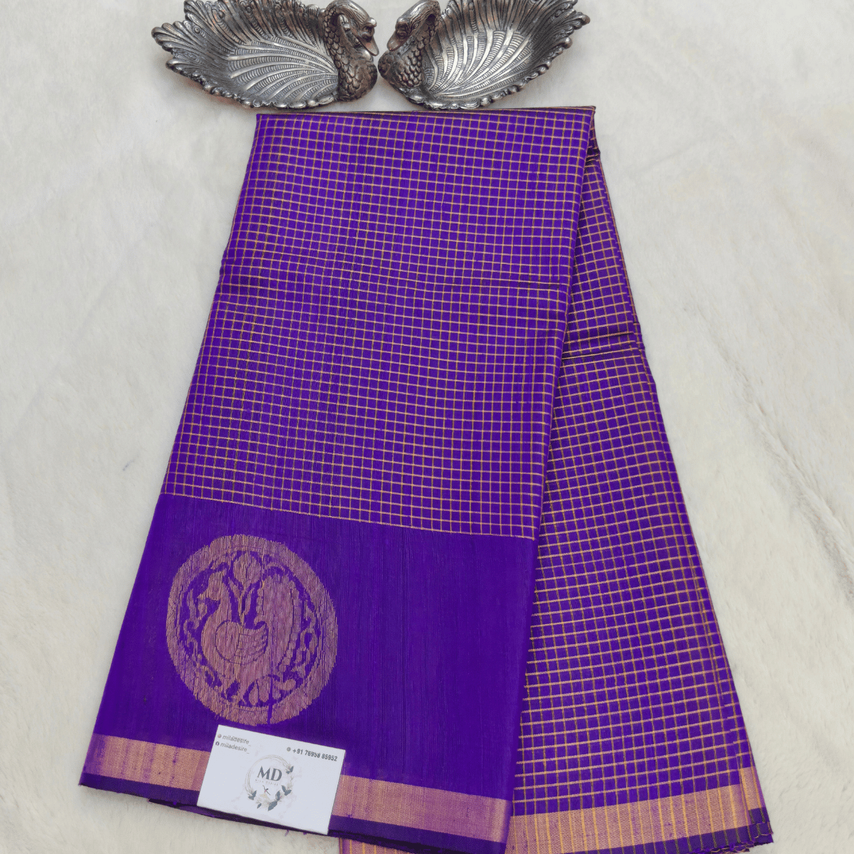 Pure dupion silk sarees with all-over treditional checks and motifs - Image 3