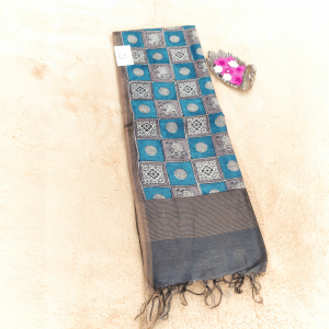 Pure Tussar silk with silk Mark hand block (Teal Blue with Grey & Black Border)