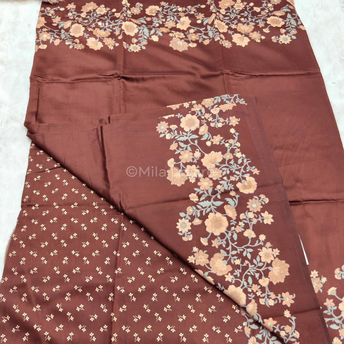 Imported Modal Sarees with Florals Chocolate Brown - Image 3