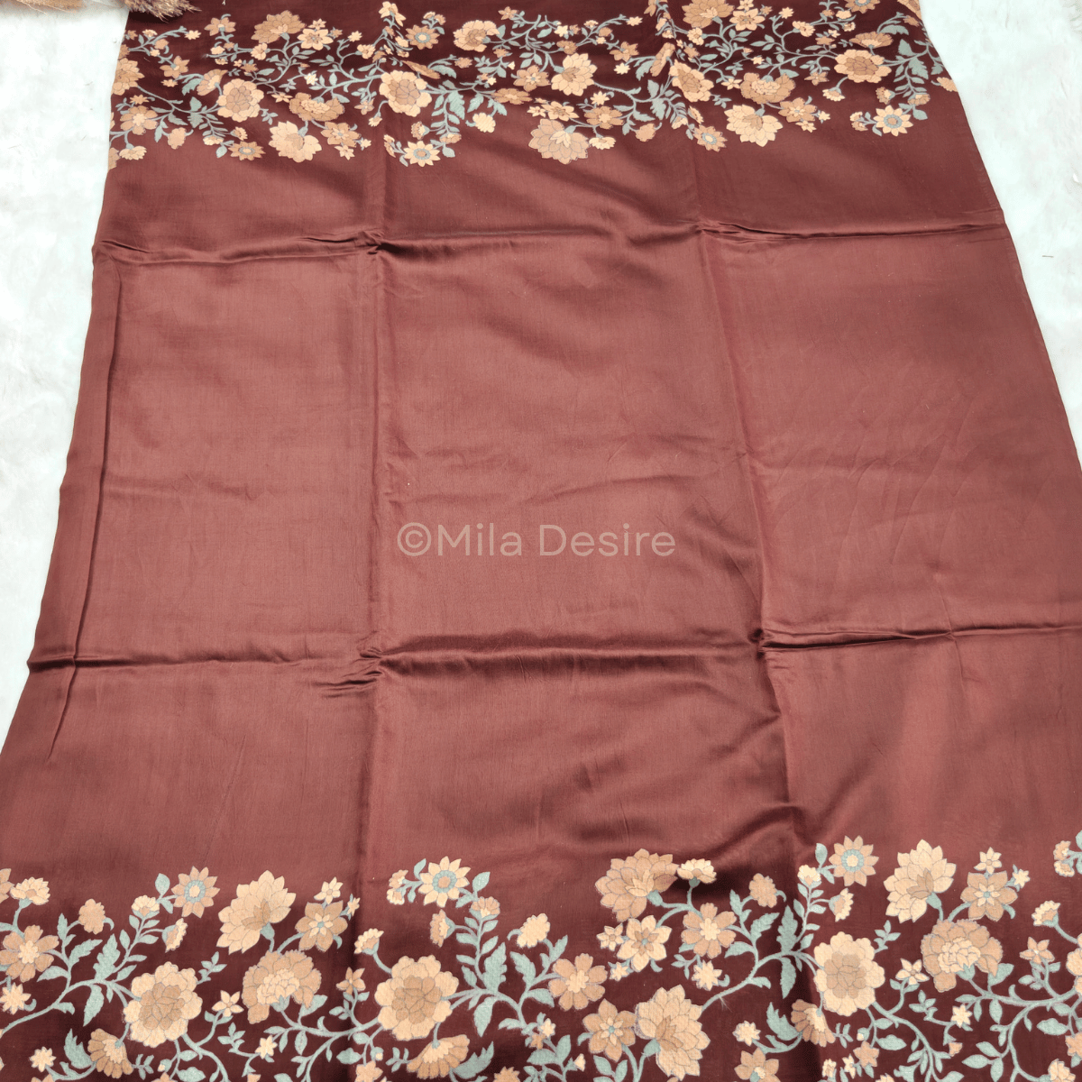 Imported Modal Sarees with Florals Chocolate Brown - Image 2