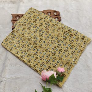 Premium Natural Dyeing Cotton Fabric(Mustard yellow with blue print)