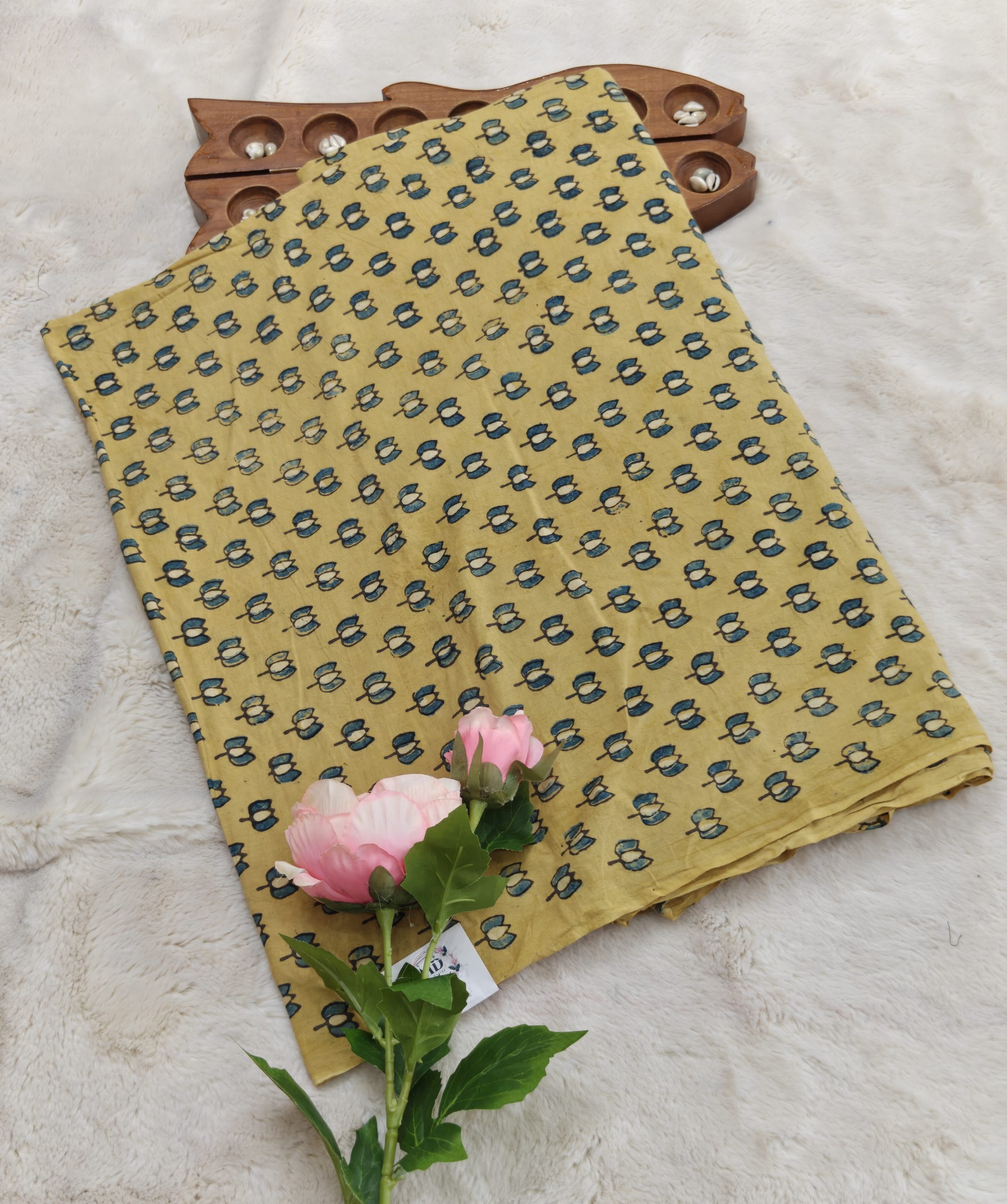 Premium Natural Dyeing Cotton Fabric(Mustard yellow with blue print)