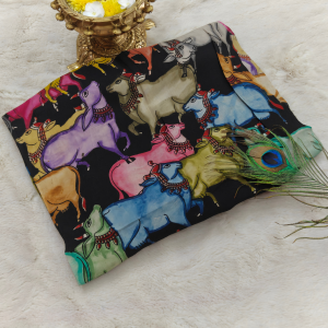 Pure Pen Kalamkari Silk Hand Drawn (Black with Multicolor Cow Print)