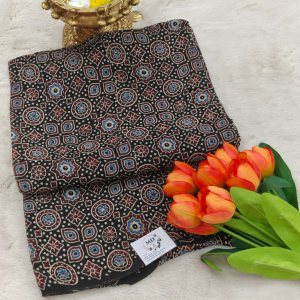 Pure Organza Ajark Print (Black with Blue, Maroon & Beige Ajrakh Print )