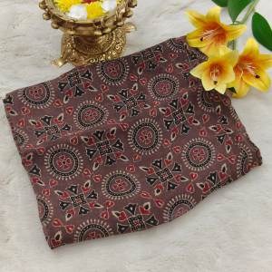 Pure Organza Ajark Print (Brown with Black, Red & Beige Print)
