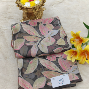 Emposed Flored Printed Organza Fabric (Smoky grey)