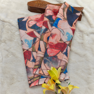 Linen Fabric (Peach beige base with navy blue, red, coral, olive green, and light blue abstract patterns)