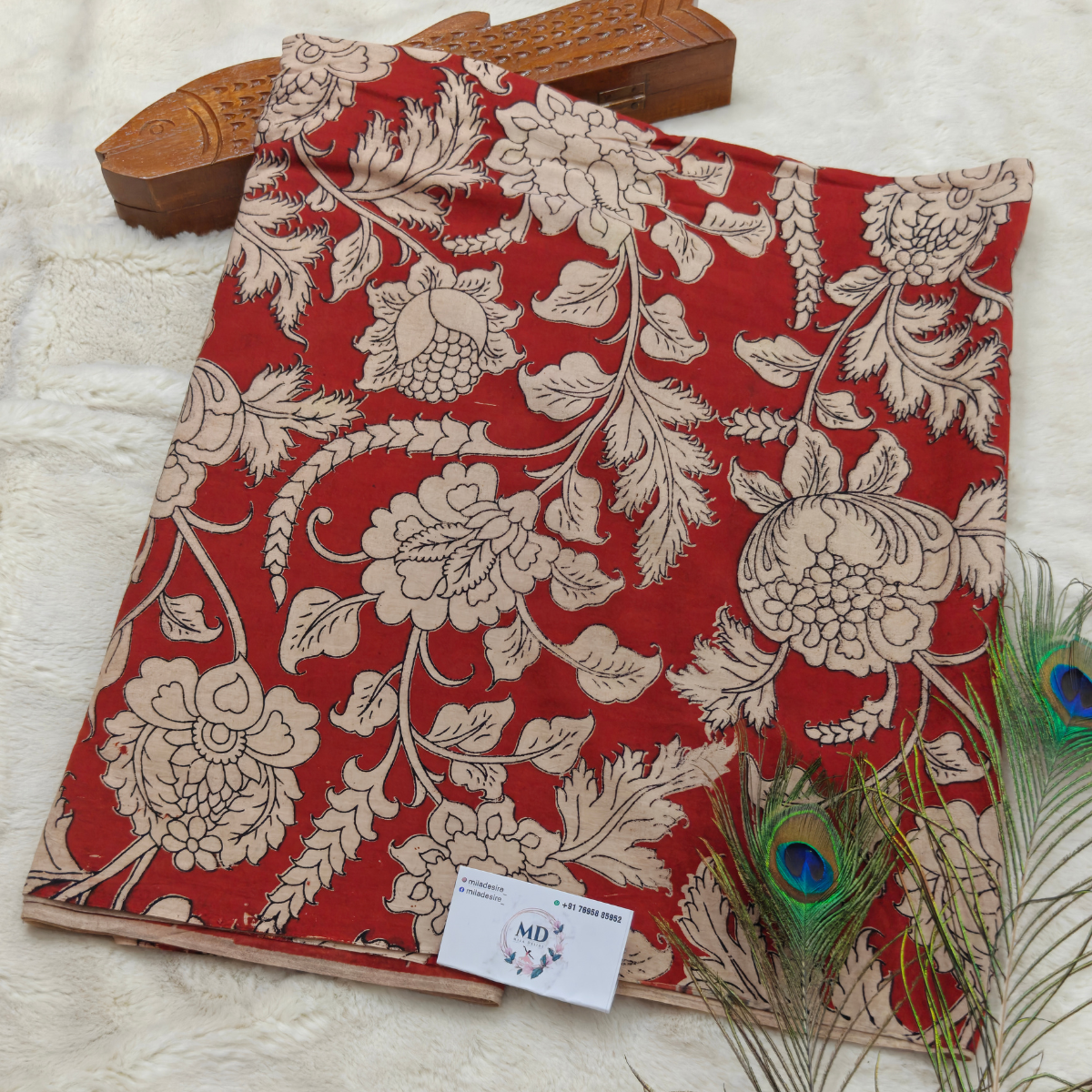 Premium Natural Dyeing Kalamkari Cotton Fabric(Red with cream floral pattern)