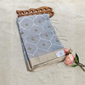 Jute linen with embroidery saree(Soft powder blue )