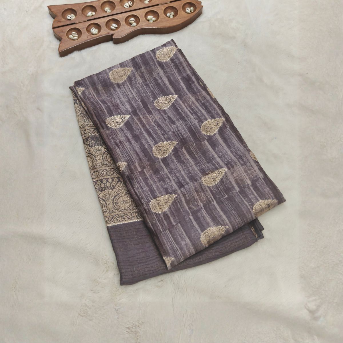 Tussar silk Banarasi weaving(Smoky Lavender, Ash Grey & Antique Gold)