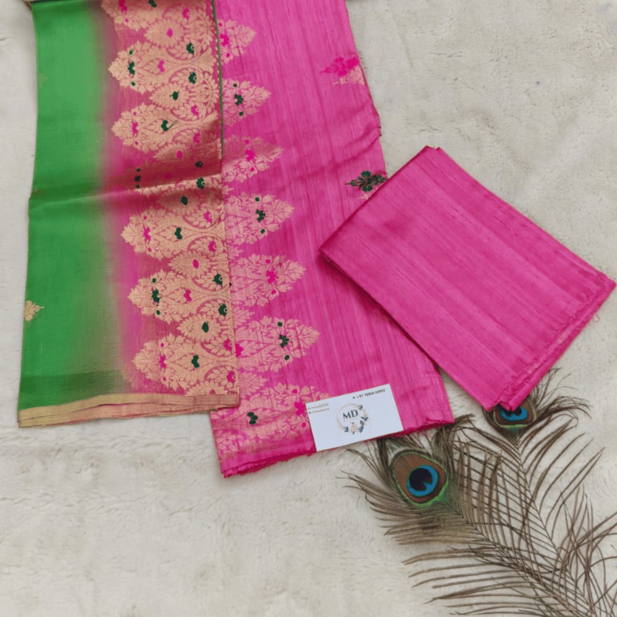 Pure Rawsilk Salwar Materials with banarasi weaving and kora silk dupattta(Rani Pink and Parrot Green)